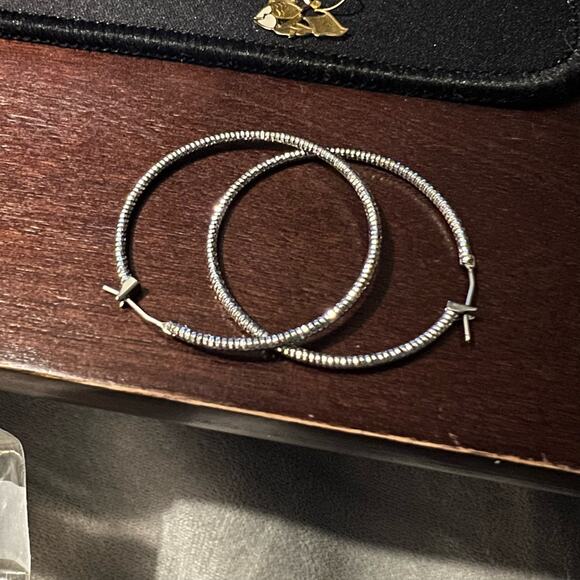 Vintage Silver-Tone Large Hoop Earrings – Textured Pierced Hoops - Picture 10 of 10